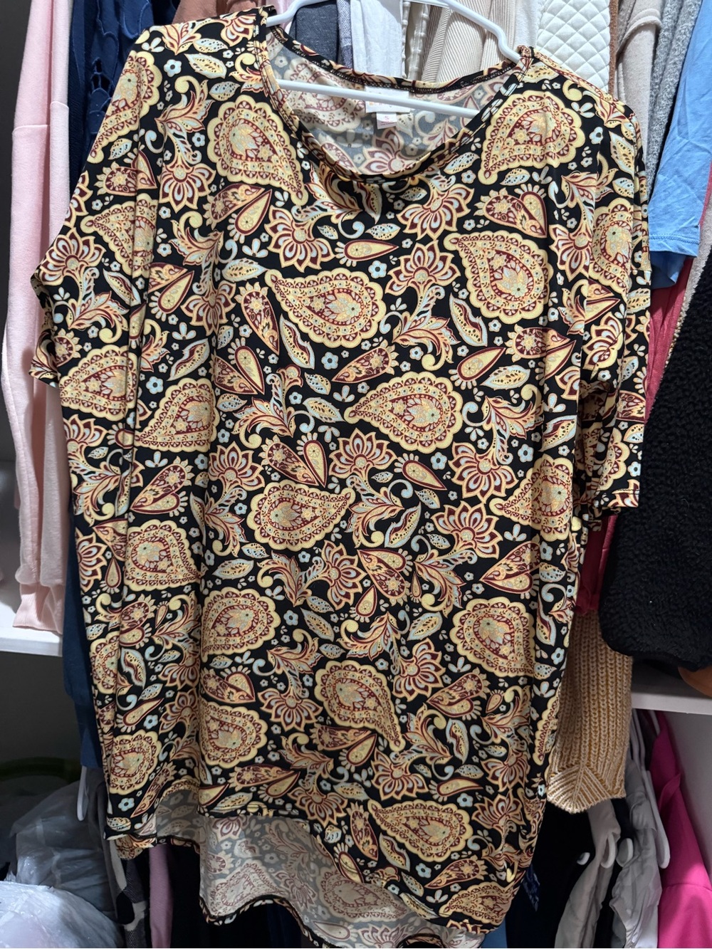 LuLaRoe Black Paisley Tunic with Cream and Tan Motifs